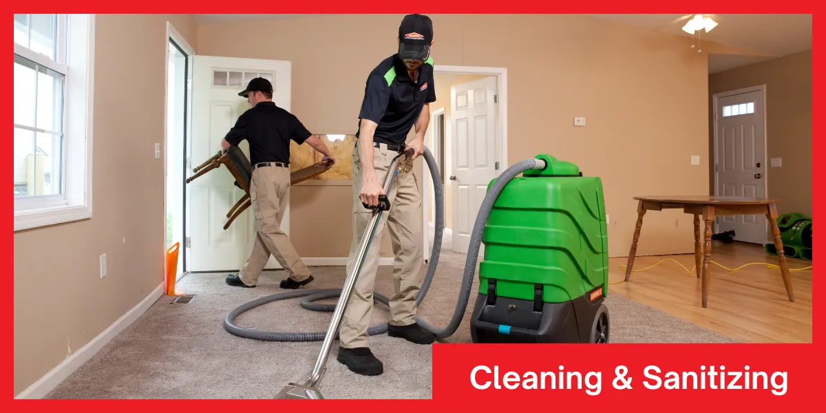Cleaning Sanitizing Two workers cleaning and sanitizing a home with professional equipment after water damage